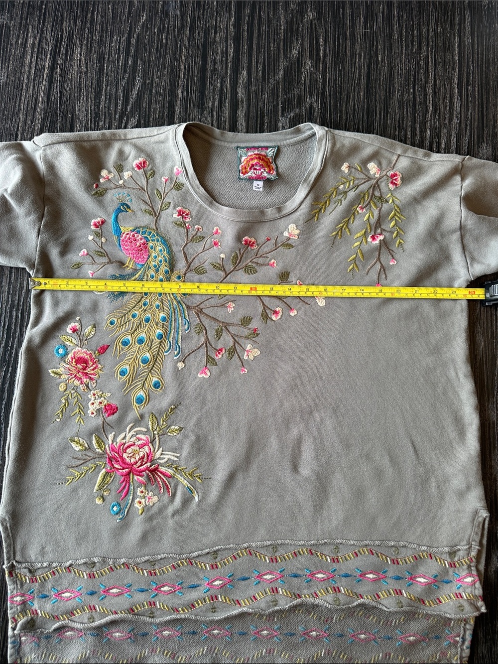 JOHNNY WAS Anzia Crewneck Sweatshirt Shirt Top Sage Green Peacock Embroidery, M - Picture 7 of 11